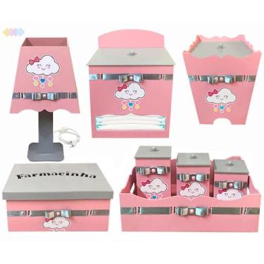 Imagem de Kit Higiene Bebê Rosa escuro Chuva de Amor com 8 peças Madeira Mdf Ade