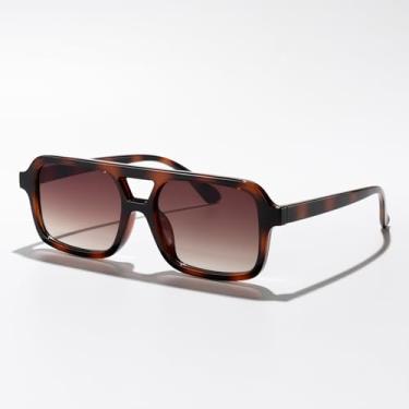 Imagem de Óculos de sol aviador quadrados de ponte dupla para homens e mulheres, moderno, retrô, com proteção para dirigir, viajar ao ar livre, Armação listrada marrom/lente marrom gradiente, Lens Width: 53