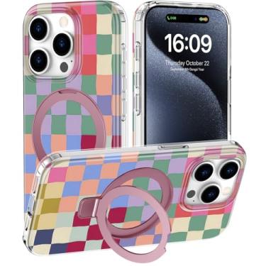 Imagem de DEENAKIN Capa para iPhone 15 Pro - Compatível com carregamento sem fio - Suporte multifuncional integrado - Capa protetora para celular com designs bonitos da moda para mulheres - tabuleiro de xadrez