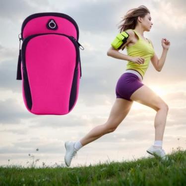 Imagem de Bolsa de braço de armazenamento de camada dupla com zíper, projetada para guardar celulares, cosméticos e chaves, com orifício para fone de ouvido, rosa vermelha