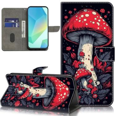Imagem de ALILANG Capa para Samsung Galaxy A15 5G/4G, carteira de couro PU com suporte para cartão e alça de pulso para Galaxy A15 - Cogumelos vermelhos