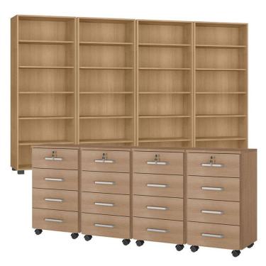 Imagem de Kit 4 Gaveteiros Para Escritório Gávea Com Chave E 4 Livreiros Office Freijó Fosco - Móveis Leão