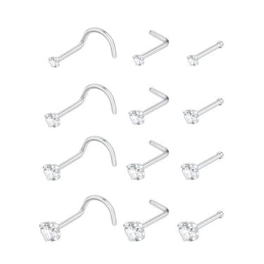Imagem de Aumeo 12 peças de piercing de nariz, 20G, aço cirúrgico, piercing de nariz, joia de 7 mm em forma de G/reto/parafuso de narina para mulheres e homens, 20G, Aço inoxidável, Sem Pedra Preciosa