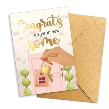 Imagem de Parabéns pela sua nova saudação de inauguração de casa com letras douradas e design chave, presente engraçado de parabéns para novos proprietários, compradores pela primeira vez, amigos, vizinhos