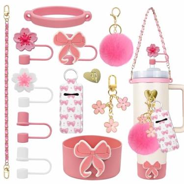 Imagem de RNFVJH Conjunto de acessórios de copo com 12 peças para copo Stanley 30/1,134 g, lindos topos de palha de laço e flor, bota de silicone, alça de alça, pingentes de pompom, protetor labial presente