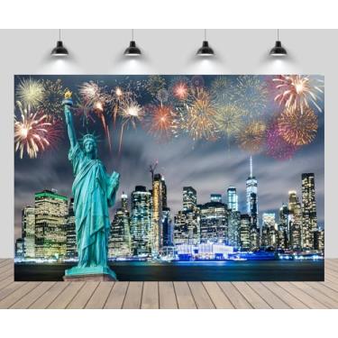 Imagem de CHNYWORK Estátua de fundo da cidade de Nova York, arranha-céus, horizonte da cidade de Nova York, horizonte da cidade de Nova York, fogos de artifício noturnos, EUA, viagem, feliz ano novo, decoração