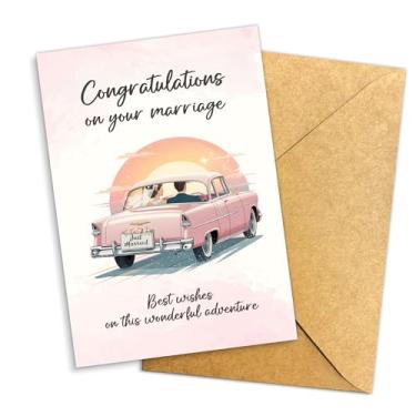 Imagem de Podagree Parabéns pelo seu cartão de casamento, design de carro clássico rosa recém-casado, felicitações nesta aventura maravilhosa, cartão de felicitações com envelope Kraft