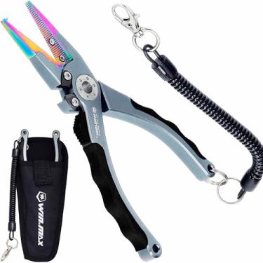 Imagem de Alicate de pesca para água salgada e água doce, com cortador de linha, 19 cm, alicate removedor de gancho, alicate de anel dividido de pesca, garras SUS420 com revestimento de titânio, cortador de