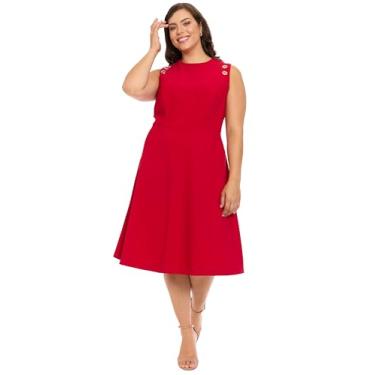 Imagem de London Times Vestido feminino sem mangas com gola redonda e detalhes de botão - Vestidos para convidados de casamento, Rubi barroco, 52