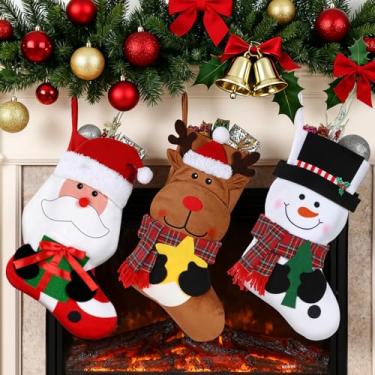 Imagem de Babelshar Meias de Natal, pacote com 3, meias grandes de Natal de 45,7 cm, decoração de lareira 3D, rena, Papai Noel, boneco de neve, enfeites marrons quentes, presentes para decoração de festa de