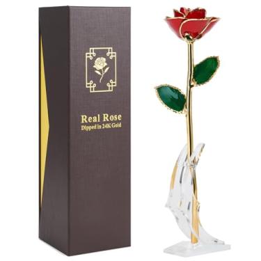 Imagem de ENJOYPRO Rosa real mergulhada em ouro 24K, rosa preservada de 5 pétalas com suporte, rosa eterna para o dia dos namorados, aniversário, casamento, para ela, decoração de casa