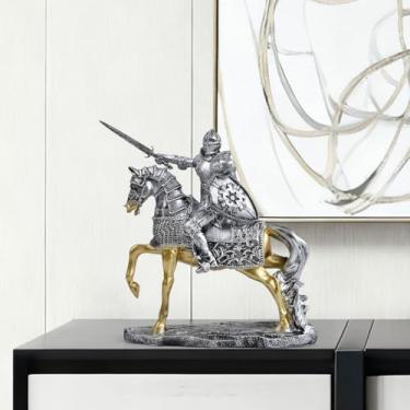 Imagem de Estátua de guerreiro medieval de cavaleiro em armadura com arma ornamentada vintage colecionável escultura de resina para decoração de casa prateleira de escritório sala de estar quarto mesa mesa