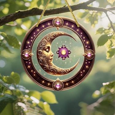 Imagem de Acrílico colorido Suncatcher, face de lua dourada, esfera roxa em moldura, janela suspensa de 17,78 cm, decoração de arte de parede com design de vitral impresso, ideia de presente e ornamento de