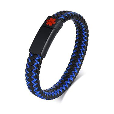 Imagem de Rockyu Pulseira masculina de aço inoxidável trançado de couro azul e preto, marca médica, presente de feriado de Ação de Graças