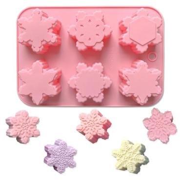 Imagem de 1 peça de moldes de silicone de Natal, tamanho grande, forma de floco de neve, molde de silicone de chocolate 3D, 6 cavidades, moldes de doces para o dia de Natal, tema de inverno, fabricação de pudim