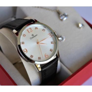 Imagem de Relogio champion feminino prateado pulseira de couro cn24244y + kit se