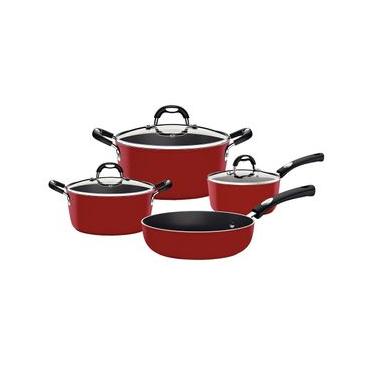 Imagem de Jogo de Panelas Tramontina 4 Peças Mônaco Induction em Alumínio com Revestimento Interno Antiaderente Starflon Premium e Externo de Silicone Vermelho