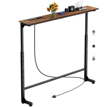 Imagem de Keelian Mesa de console estreita de 89 cm com tomada, altura ajustável (63,5 a 94 cm) atrás da mesa de sofá, sofá atrás da mesa skinny, prateleira de sofá com estação de carregamento, mesas de entrada