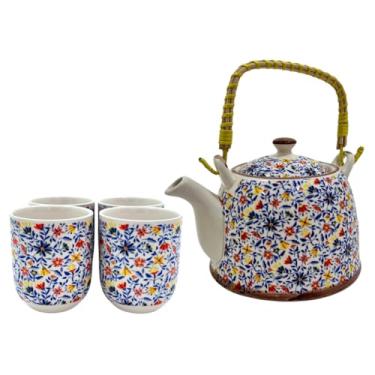 Imagem de Jogo de Chá com Bule de Porcelana 900ml com Infusor e 4 Copos 150ml | Kit Café Tokyo 30a(Margaridas)