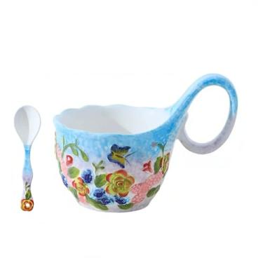 Imagem de Tigela de sopa segura para micro-ondas de 500 ml com alça de laço, caneca decorativa de flores de amor em relevo pintada à mão com alça grande, tigela de sopa de cerâmica com conjunto de colheres para