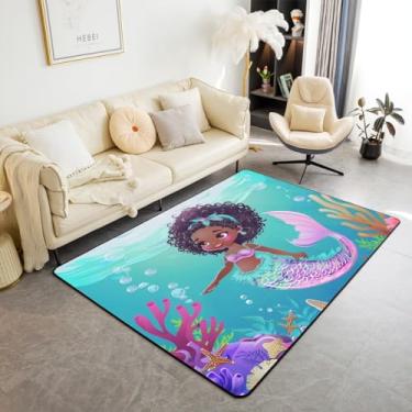 Imagem de Erosebridal Tapete de sereia preto para meninas, 3 x 5, tapete de escama de peixe costeiro para jovens, adolescentes, africano, meninas afro, sala de estar, conjunto de tapetes com destaque de