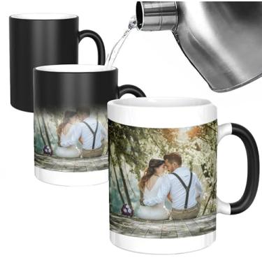 Imagem de Caneca de café personalizada mágica com texto de foto ao aquecer, 325 ml, preta, presentes inovadores para homens e mulheres