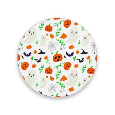 Imagem de JUZIHAI Conjunto de 2 porta-copos de abóbora Halloween Boo Pumpkins, porta-copos redondos de pedra de cerâmica absorvente de 9 cm com base de cortiça, tapete de proteção de mesa para cozinha, bar