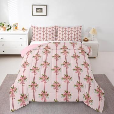 Imagem de Erosebridal Conjunto de cama de Natal rosa casal rosa com laço e laço para crianças, meninos, meninas, inverno, Natal, frutas vermelhas, folhas verdes, gravata borboleta, edredom com listras