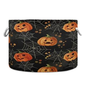 Imagem de JUZIHAI Cesta de armazenamento redonda dobrável para Halloween, 50 x 35 cm, abóbora e aranha, cesto de roupa suja com alças de algodão para cobertores, brinquedos, berçário, decoração de quarto
