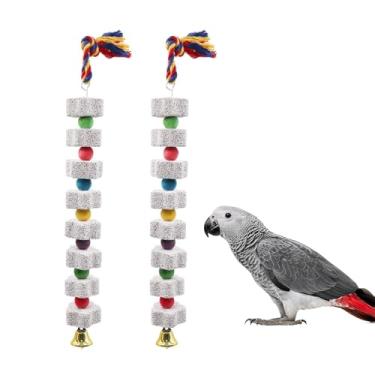 Imagem de Supkeyer Pacote com 2 brinquedos grandes para mastigar pássaros, bico de papagaio, pedra de cálcio com sinos, acessórios para gaiola de pássaros, brinquedos de gaiola para periquito cinza africano