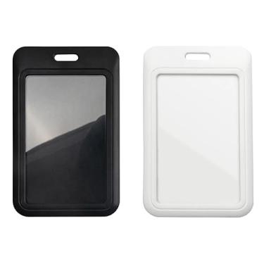 Imagem de Lanyardio Pacote com 2 porta-crachás de identificação, porta-cartão de identificação preto e branco, porta-cartões de plástico deslizante vertical para escritório, escola, fábrica, professores e