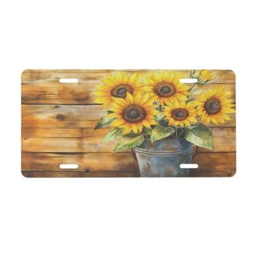 Imagem de Placa de licença de girassol amarelo de madeira para a frente do carro placas de carro metal de alumínio adequado para caminhão, placa de porta de carro, bar, café, acessórios automotivos para homens