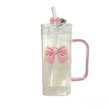 Imagem de Copo de vidro quadrado com tampas e canudos, copo de vidro resistente ao calor com alça e laço transparente para água, suco, café gelado, leite, chá