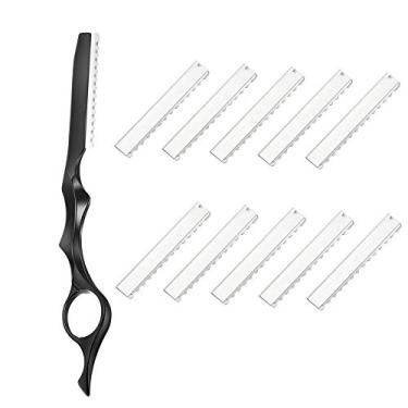 Imagem de YEGERING Kit De Barbear E Modelador Para Afinar Os Pelos - Navalha Penas Aço Inoxidável 7" Texturização Corte, Inclui 10 Lâminas Reposição Afiadas, Ferramentas Salão Beleza (Preto)