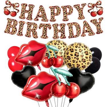 Imagem de Faixa de feliz aniversário de leopardo com kit de balões pretos e vermelhos, estampa de cereja, estampa de guepardo, lábios vermelhos e balões de coração preto para chá de bebê, decoração de despedida