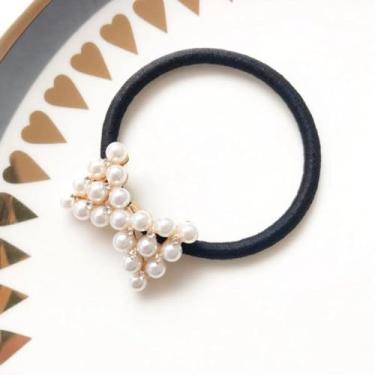 Imagem de Conjunto de corda de cabelo de cristal pérola com design elegante de laço para mulheres, acessório de suporte de rabo de cavalo elástico elegante