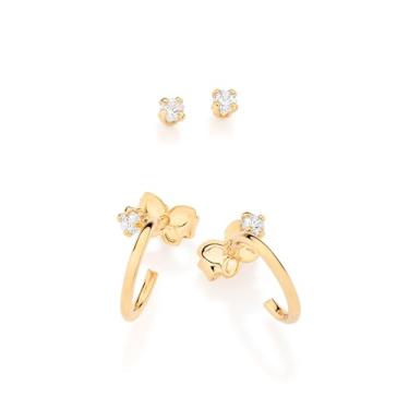 Imagem de Kit Brinco Meia Argola e Solitário Ponto de Luz Banhado a Ouro 18k com Zircônias- 527526