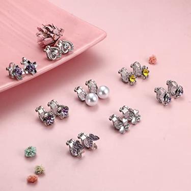 Imagem de 8 pares de brincos de pressão para mulheres, zircônia cúbica, rosa, roxo, pérola, coração, borboleta, não perfurados, conjunto de brincos com clipe, standard, Liga de aço, Sem pedra preciosa