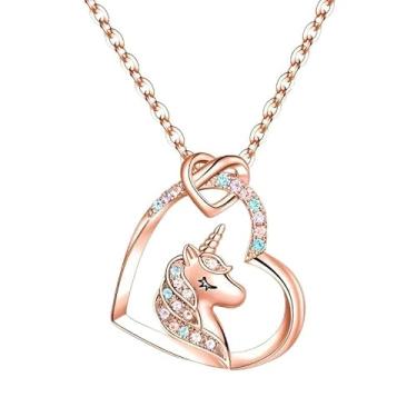 Imagem de Colar com pingente de coração de unicórnio, colar de animal de cristal colorido para mulheres, corrente ajustável (ouro/prata/ouro rosa), 40cm 5cm, Latão, Zircônia cúbica