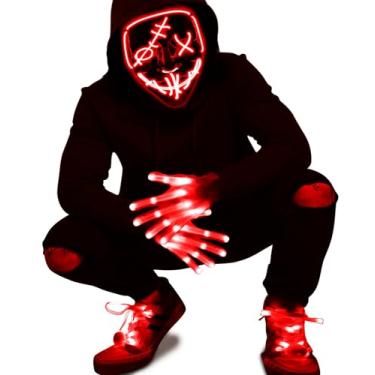 Imagem de Conjunto de 3 máscaras de LED de Halloween, luvas iluminadas e cadarços brilhantes, máscara assustadora, fantasia de Halloween, festa de cosplay para adultos, Vermelho, tamanho �nico