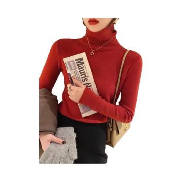 Imagem de Suéter Feminino Slim Fit De Cor Sólida Com Gola Alta, Manga Longa, Cas