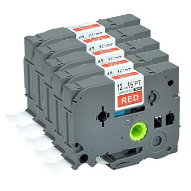 Imagem de Compatível P Touch Label MakerTape Pacote com 5 TZ435 TZe 435 TZ TZe Branco no Vermelho Cartucho Label Orison Autoadesivo 1/2" Recargas de cassete 1,27" x 26,2 pés (12 mm x 8 m)