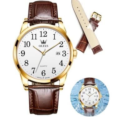 Imagem de OLEVS Relógio masculino masculino com pulseira de couro, clássico, de couro marrom, analógico, masculino, preto, à prova d'água, mostrador grande, relógio masculino, 5566-ZP-face branca, relógio