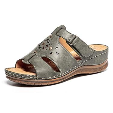 Imagem de HylianZ Sandálias femininas com gancho e laço plataforma ajustável com tiras deslizantes femininas vintage rebites gladiador sandálias para casa e atividades ao ar livre confortáveis, Verde Beryl, 35