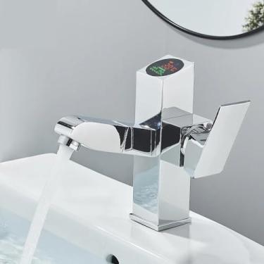 Imagem de Torneira de lavatório cromada torneira de lavatório de banheiro inteligente, torneira de pia de exibição digital inteligente moderna, misturador de água quente e fria