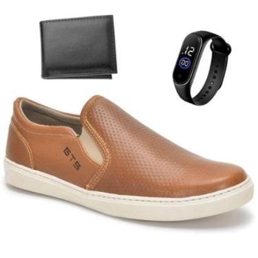 Imagem de Kit Slip On Masculino Couro Tênis Iate Sapatênis Sem Cadarço Calce Fácil + Relógio + Carteira-Masculino