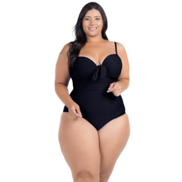 Imagem de Maiô Plus Size Efeito Seca Barriga, Reduz Medidas, Tecido Texturizado, Franzido Lateral, Com Bojo Fixo, Amarração nas Costas, Rosa (BR, Numérico, 54, Plus Size, Preto)