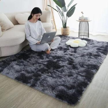 Imagem de Tapete peludo para sala de estar, quarto moderno, estilo nórdico, decoração, tamanho grande, preto, cinza, branco, tie-dye, cinza escuro, 160x230cm