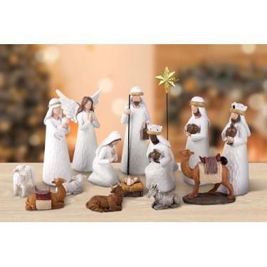 Imagem de Fovths Conjunto de 16 peças de presépio clássico, Natal, estábulo, figuras para iniciantes, decoração de resina, conjunto de estatuetas da Sagrada Família de 17 cm para decoração de centro de mesa de