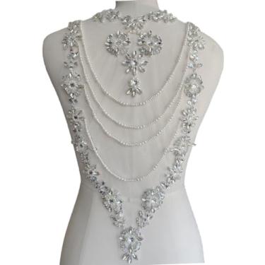 Imagem de Aplique de renda de strass feito à mão, costura, contas brilhantes, apliques de franja de cristal para roupas de vestido acessórios traseiros 25 x 53 cm (prata)